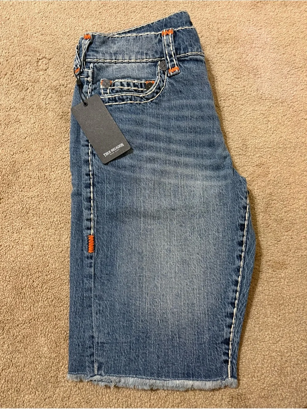 True Religion Light Blue Bootcut Jeans with Orange Stitching